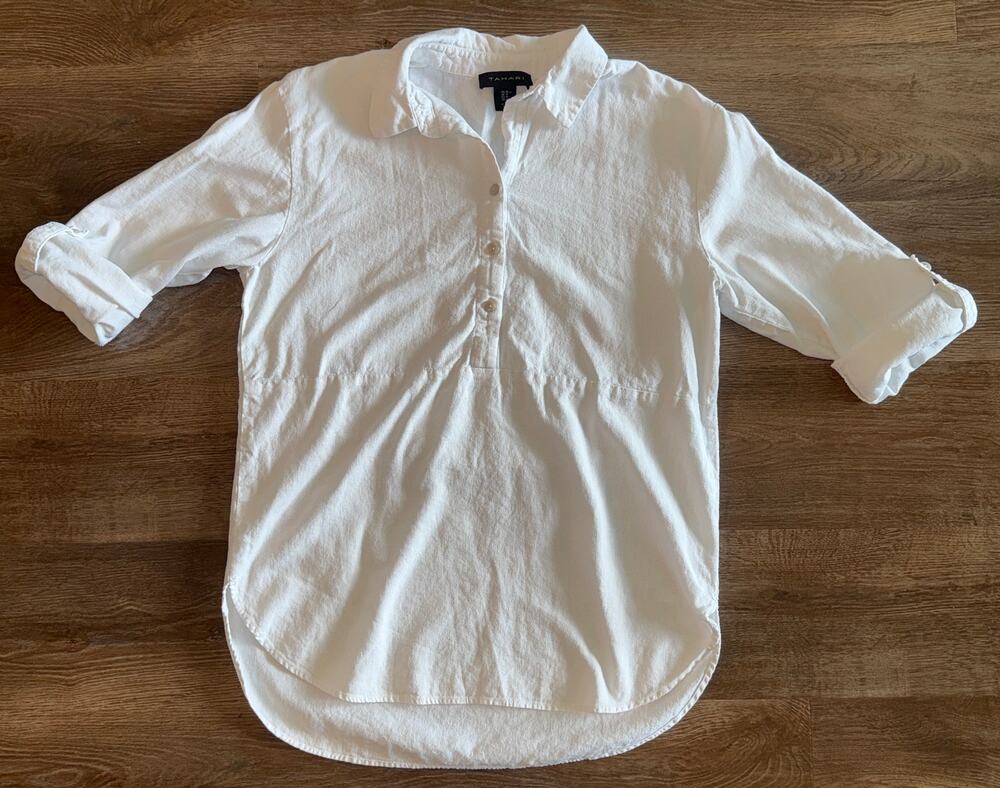 Tahari White Linen Viscose Popover Shirt Blouse Size M Roll-Tab Sleeve